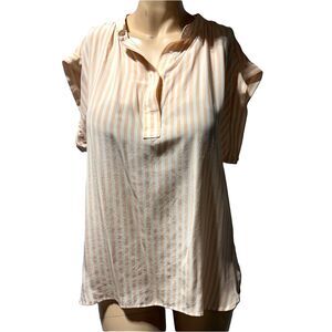 MARIE OLIVER 100% Silk Blouse Peach White Striped Pullover  Top Size L Large